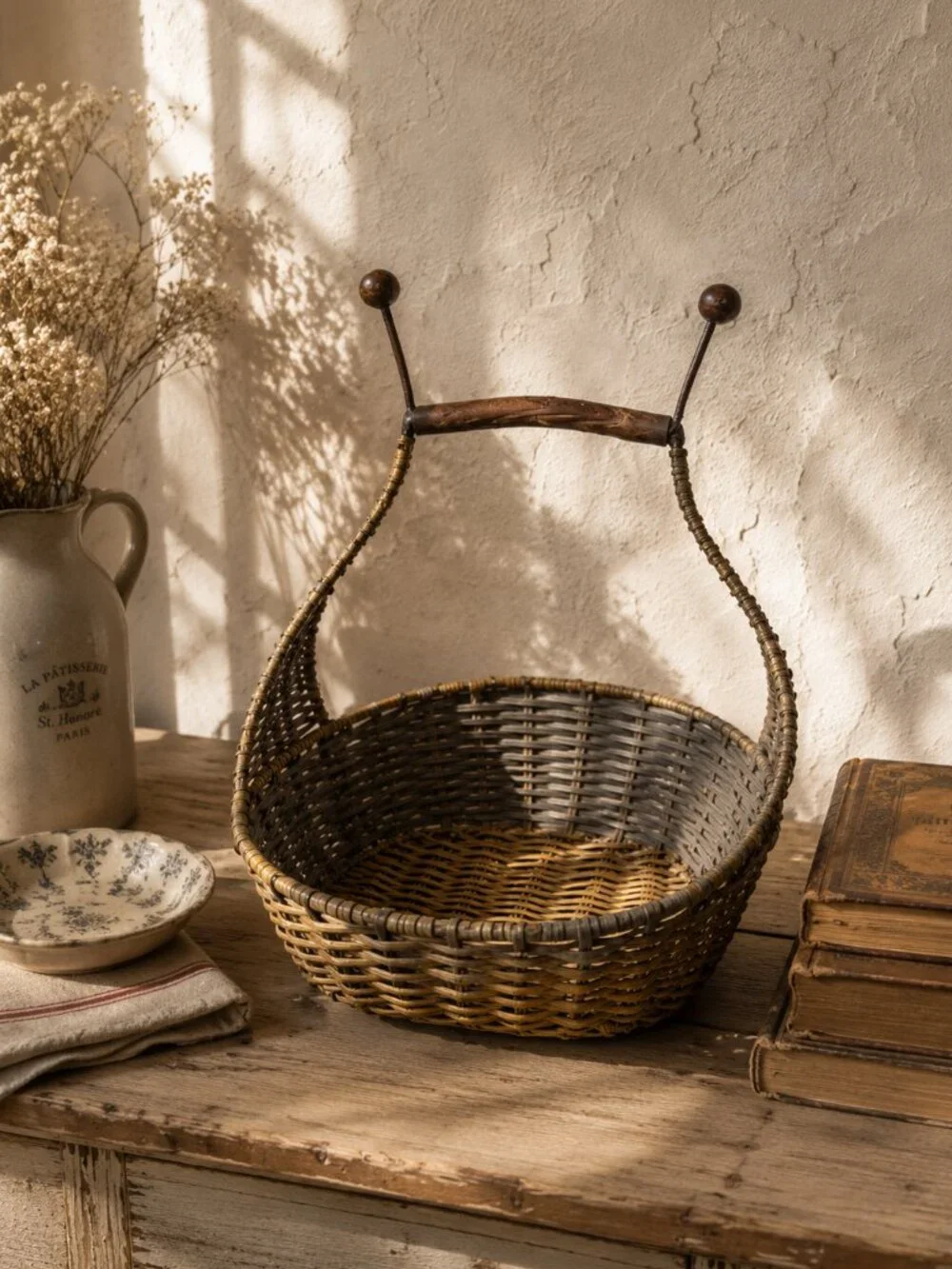 Vintage Woven Wicker & Metal Hanging Wall Basket with Sculptural Handle